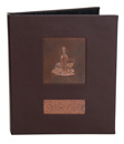 wine list cover with copper tip-in logos, designed with 3 ring binder on the interior to hold multiple 8.5 x 11 inserts.